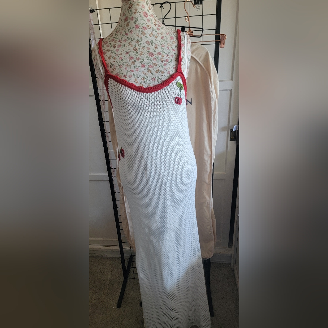 Nwt Wayf White Crochet Maxi Dress With Red Trim And Cherry Accents